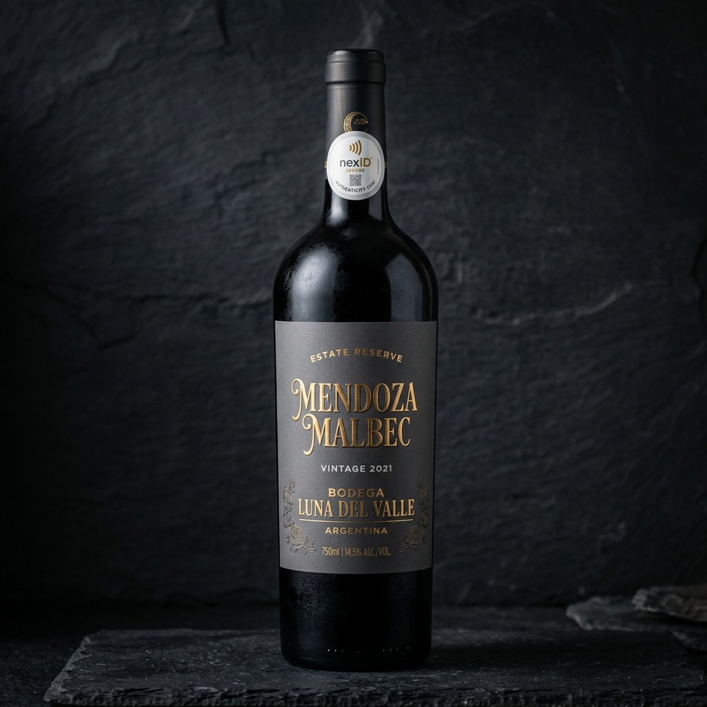 Botella premium de Vinos & Spirits con tag NFC nexID.